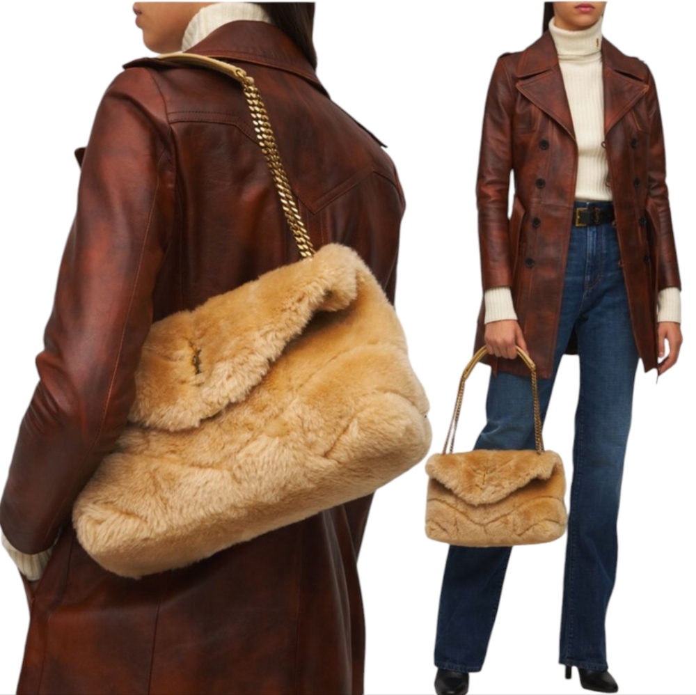 YSL SAINT LAURENT CREAM PUFFER LARGE FUR SHEARLING CROSSBODY SHOULDER BAG